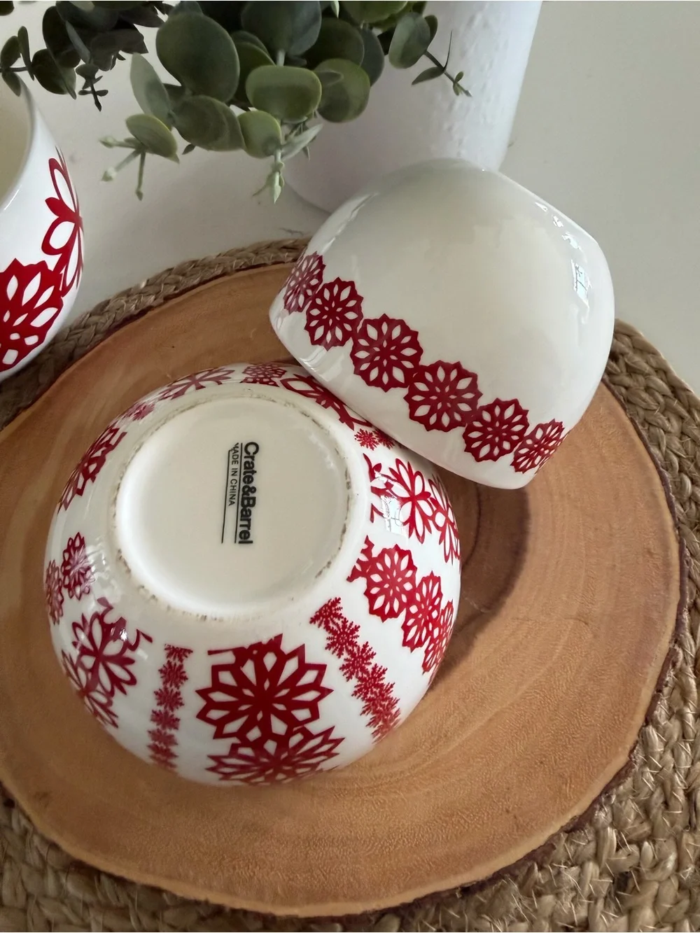 Crate & Barrel Kate Forrester White Ceramic Nesting Bowl Set with Red Snowflakes